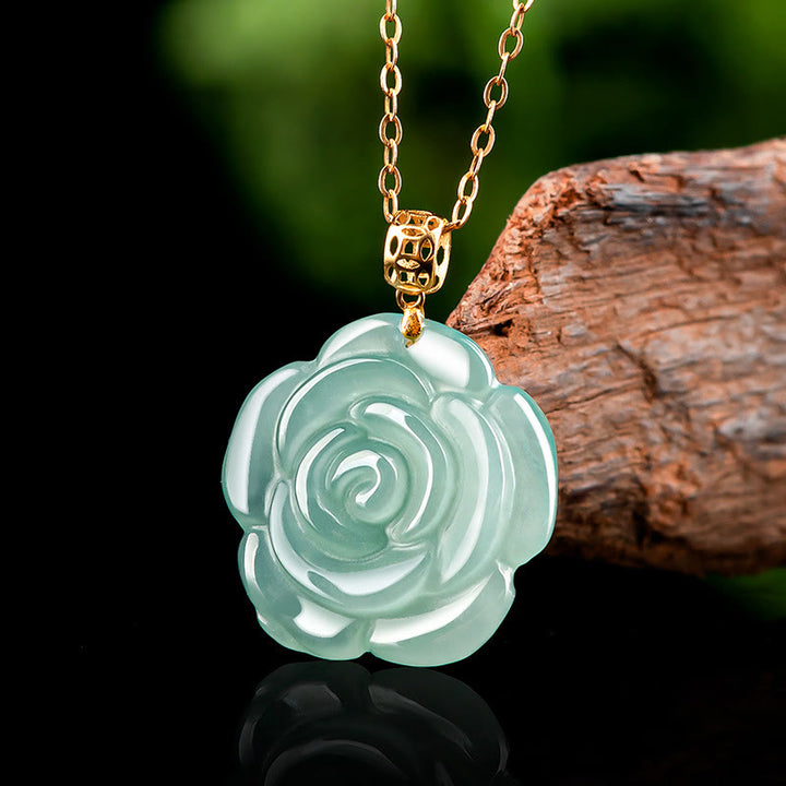 Colgante de collar de la suerte de rosa de jade natural de plata de ley 925 de oro de 18 Buddha Stones