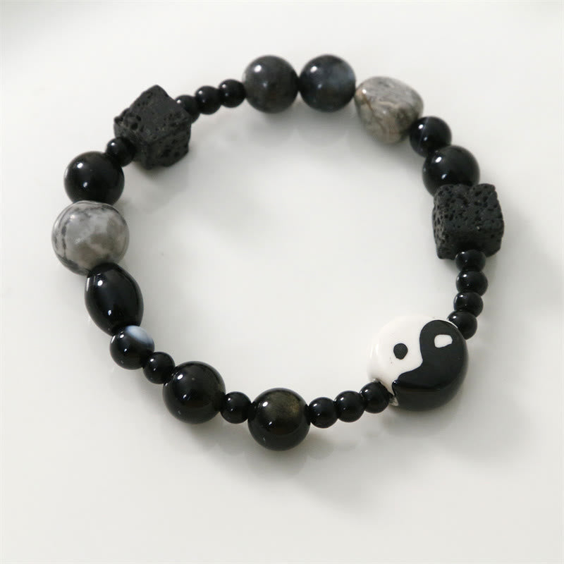 Pulsera de protección de la fortuna Yin Yang con cuentas de jaspe Picasso de ónix negro y Buddha Stones