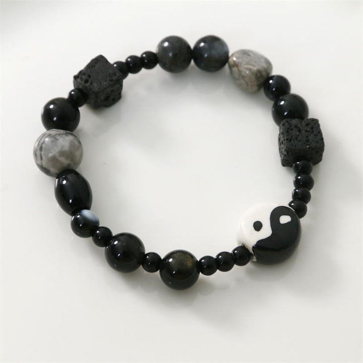 Pulsera de protección de la fortuna Yin Yang con cuentas de jaspe Picasso de ónix negro y Buddha Stones
