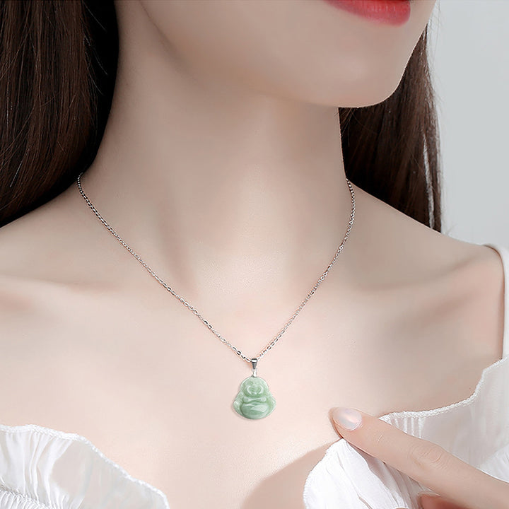 Collar con colgante de cadena de jade de Buda sonriente de plata de ley 925 con Buddha Stones - image 3
