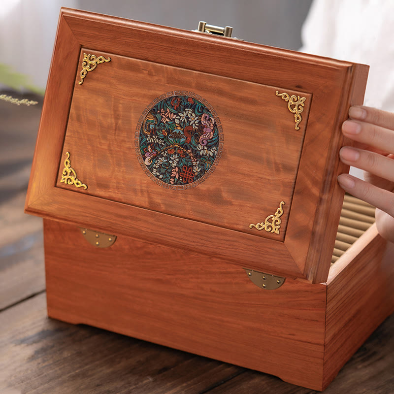 Caja de almacenamiento de joyería de palisandro hecha a mano antigua, caja organizadora de regalo de madera con flores de doble capa grande con cerradura