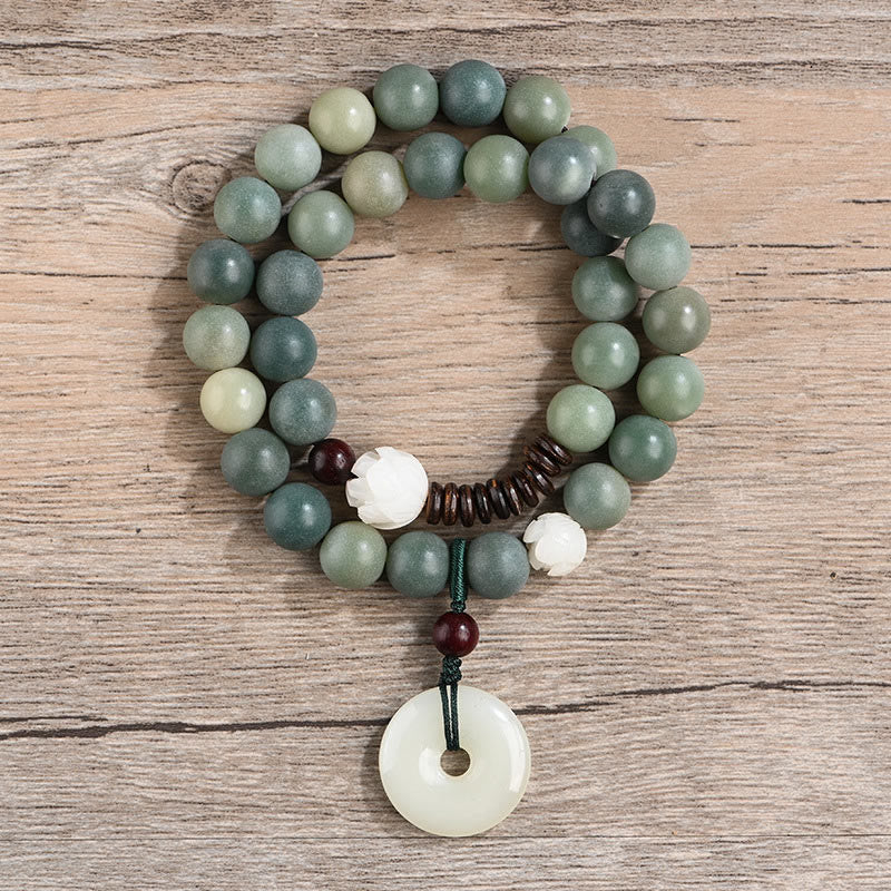 Pulsera de doble envoltura con hebilla de paz y jade de loto, semilla de Bodhi cian