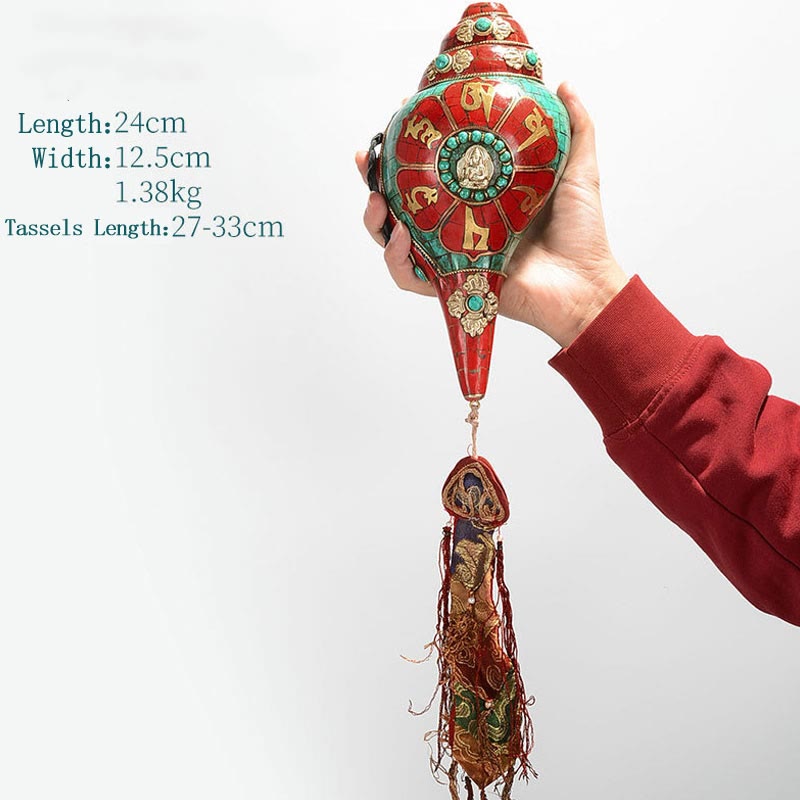 Tibetano hecho a mano Shankha Om Mani Padme Hum Buda Avalokitesvara turquesa Concha decoración positiva