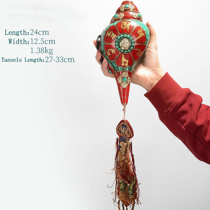 Tibetano hecho a mano Shankha Om Mani Padme Hum Buda Avalokitesvara turquesa Concha decoración positiva