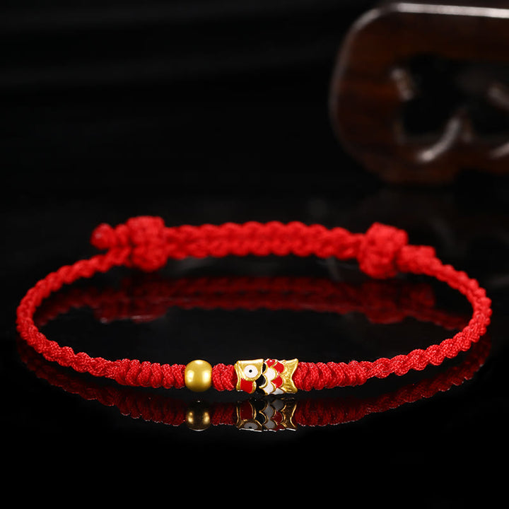 Pulsera de hilo trenzado hecha a mano con pez Koi de la suerte de oro 999 de Buddha Stones