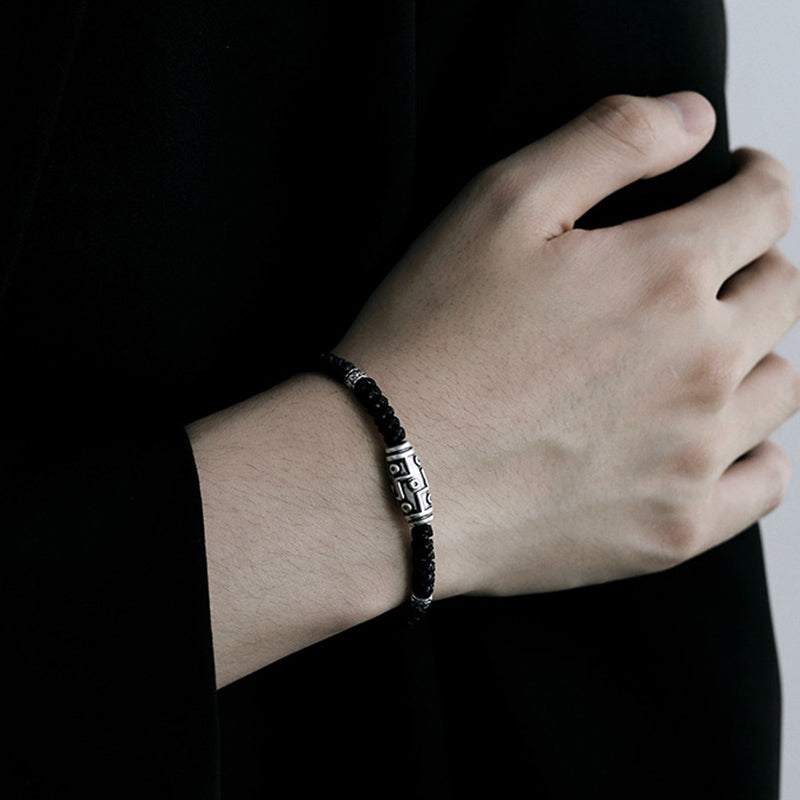 Pulsera de cuerda de bendición con patrón de cuentas Dzi de nueve ojos de plata de ley 999 con Buddha Stones