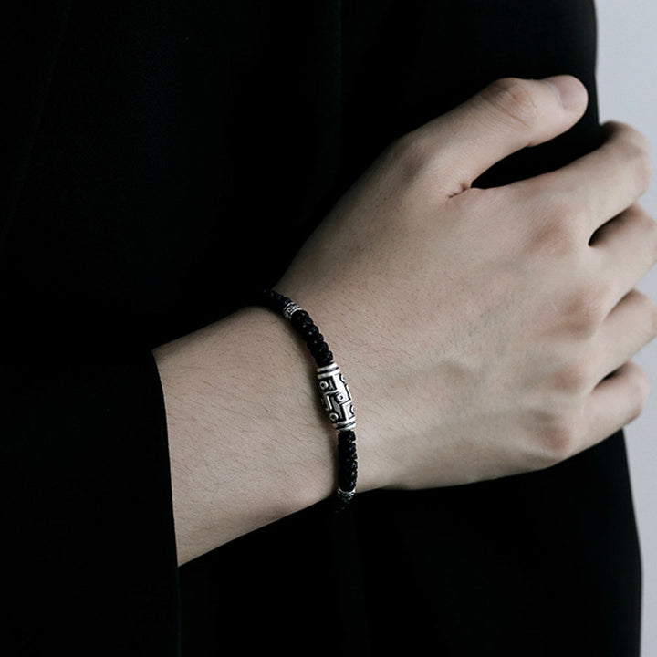 Pulsera de cuerda de bendición con patrón de cuentas Dzi de nueve ojos de plata de ley 999 con Buddha Stones