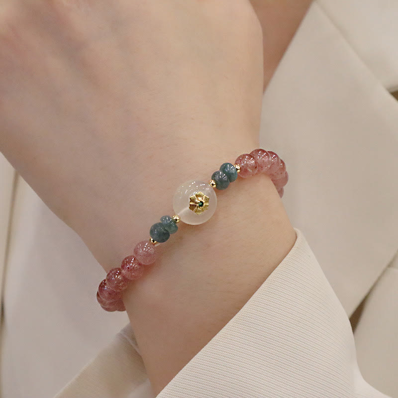 Pulsera curativa de jade y calcedonia de cuarzo fresa natural con Buddha Stones