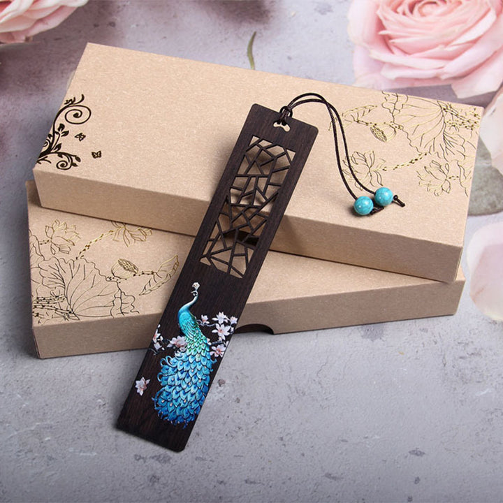 Marcadores de libros de madera de ébano y pavo real azul con Buddha Stones y caja de regalo