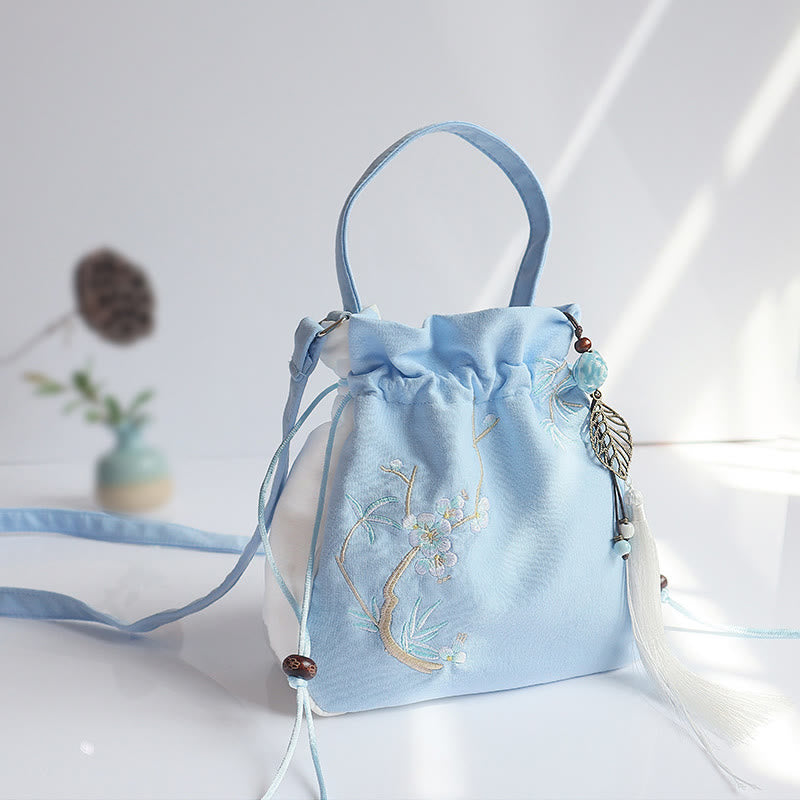 Bolso de hombro de lona con flores bordadas hechas a mano con Buddha Stones - Bambú ciruela azul y blanca 20*20cm - image 35