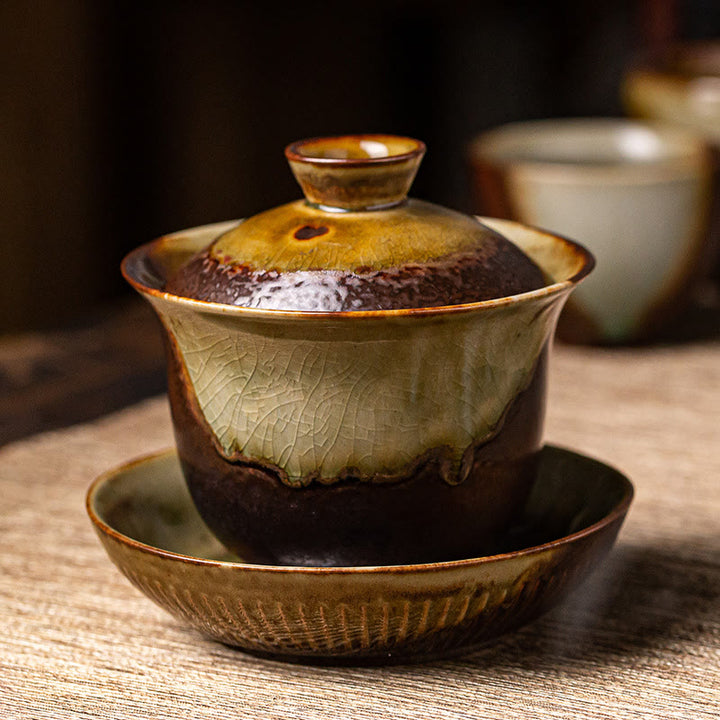 Buddha Stones Vintage marrón horno cambiar diseño porcelana cerámica Gaiwan Sancai taza de té Kung Fu y platillo con tapa