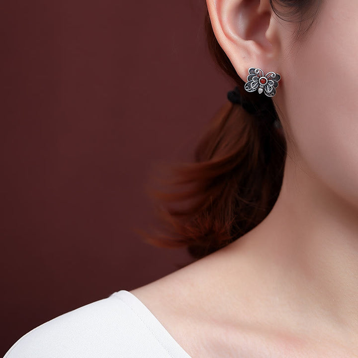 Juego de pendientes de anillo de autoaceptación de mariposa de ágata roja de plata de ley 925 con Buddha Stones