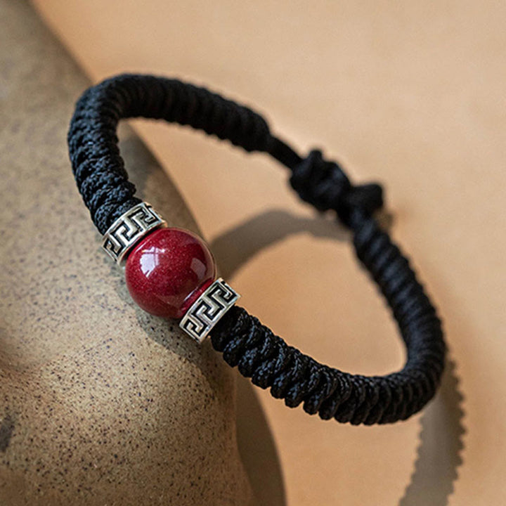 Pulsera de hilo trenzado hecha a mano con cuentas de cinabrio natural de plata de ley 925 con Buddha Stones