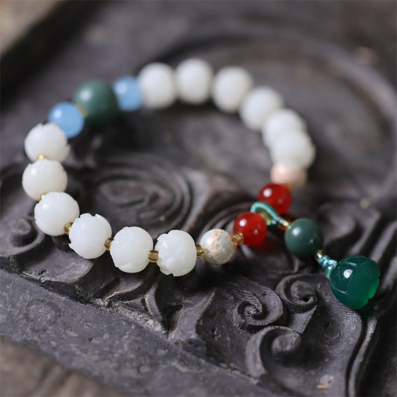 Pulsera de armonía de paz tallada con cuentas de loto y semillas de Bodhi de Buddha Stones