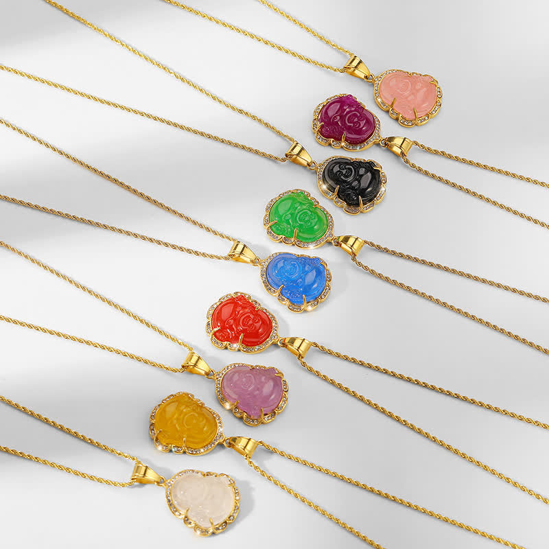 Colgante de cadena con collar de la suerte de jade de Buda sonriente relleno de oro de 18 quilates con Buddha Stones - image 1