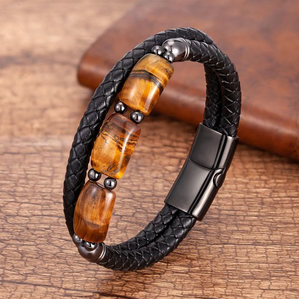 Pulsera de cuero con hebilla magnética y protección de ojo de tigre natural con Buddha Stones