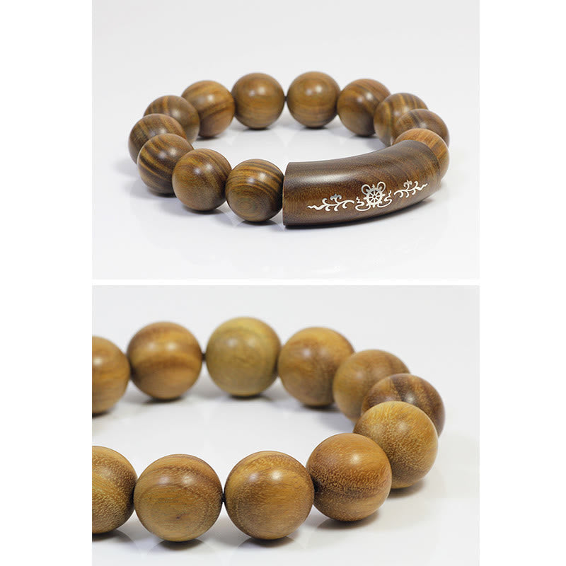 Pulsera de plata de ley 999 con Buddha Stones, sándalo verde, Om Mani Padme Hum, dragón, Fénix, Dharmachakra, con incrustaciones de paz
