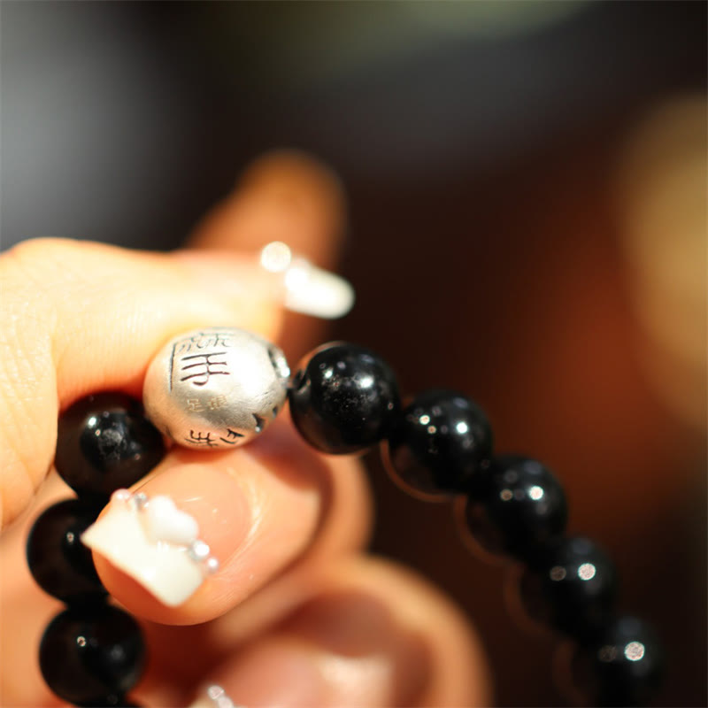 Pulsera de protección con grabado de personaje de cuentas de ónix negro de plata de ley 925 con Buddha Stones
