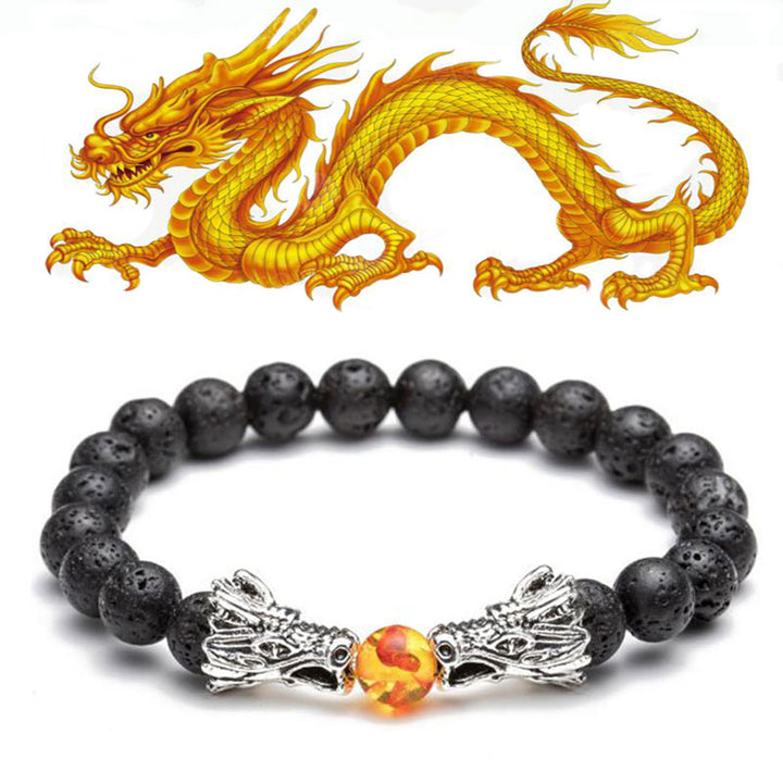 Pulsera con cuentas de bendición de dragón de roca de lava, turquesa blanca, Buddha Stones