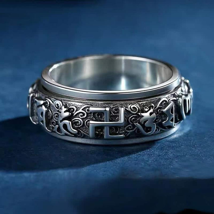 Anillo giratorio curativo de cobre con esvástica de seis palabras verdaderas de Buddha Stones