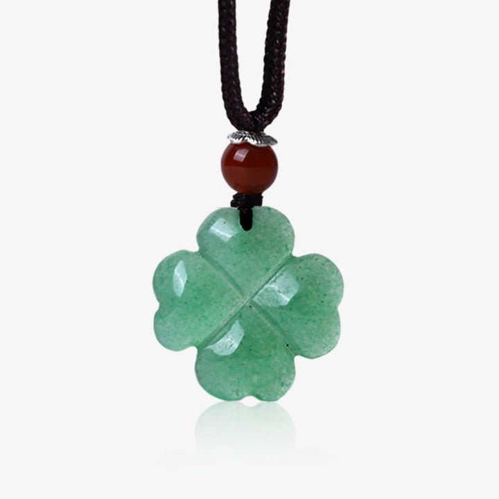 Collar con colgante de cuerda de cuero de la suerte con trébol de cuatro hojas de aventurina verde de plata de ley 925 con Buddha Stones