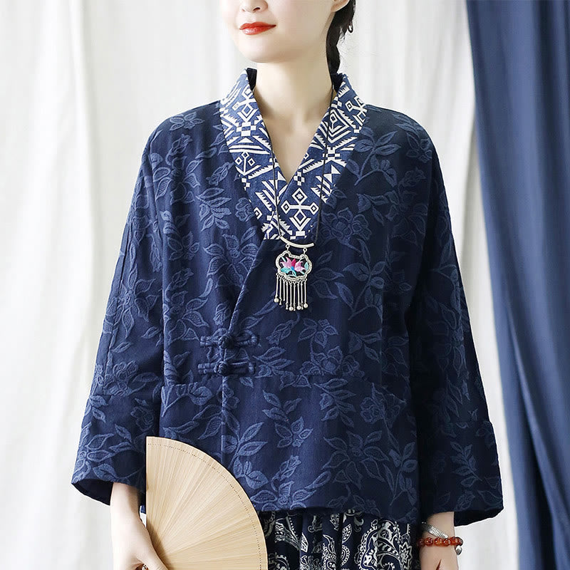 Chaqueta de manga larga con cuello en V y jacquard floral con Buddha Stones