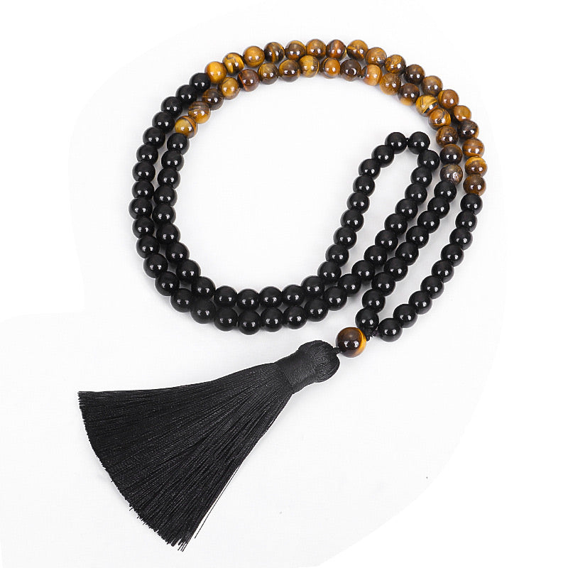 Juego de collar de protección de ojo de tigre de ónix negro tibetano con Buddha Stones