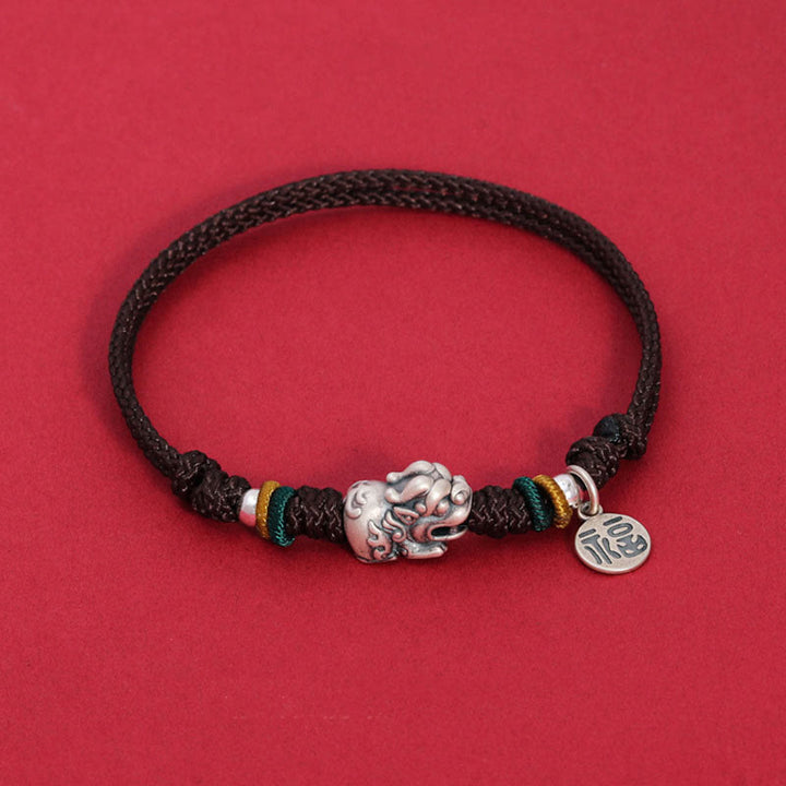 Pulsera trenzada hecha a mano de plata de ley 925 con Buddha Stones PiXiu Fu personaje riqueza suerte - Cuerda marrón (circunferencia de la muñeca: 14-17 cm) - image 7