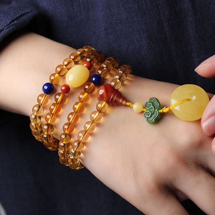 108 cuentas de Mala, citrino Natural, ámbar, hebilla de la paz, ágata roja, pulsera de protección PiXiu