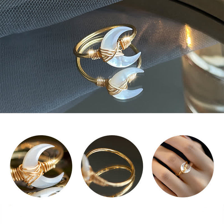 Buddha Stones Anillo de bendición de oro de 14 quilates con piedra Tridacna natural y luna - image 9