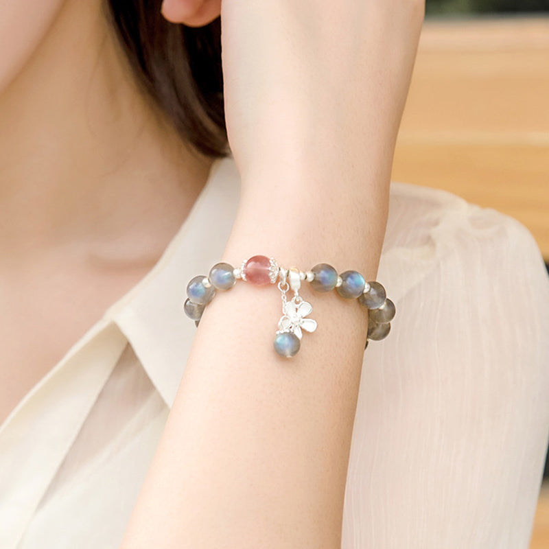 Pulsera con dijes curativos de flores de cuarzo fresa, piedra lunar, Buddha Stones
