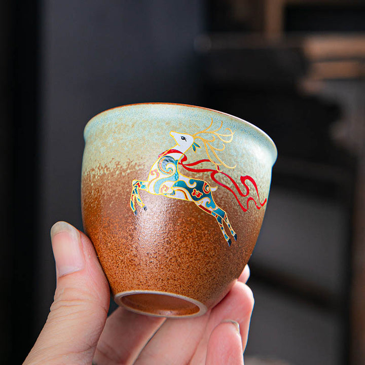 Buddha Stones, ciervo colorido, Pipa, nieve, flores de ciruelo, montañas, ríos, pájaro, taza de té de cerámica, tazón de té de Kung Fu