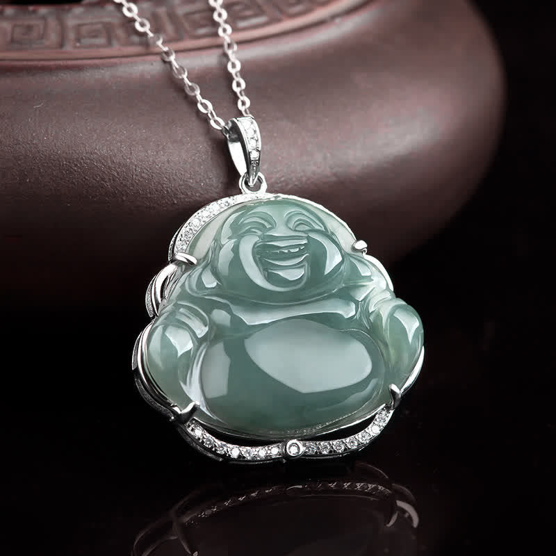 Colgante de cadena de collar de la suerte de jade natural de Buda sonriente de plata de ley 925 con Buddha Stones - image 2
