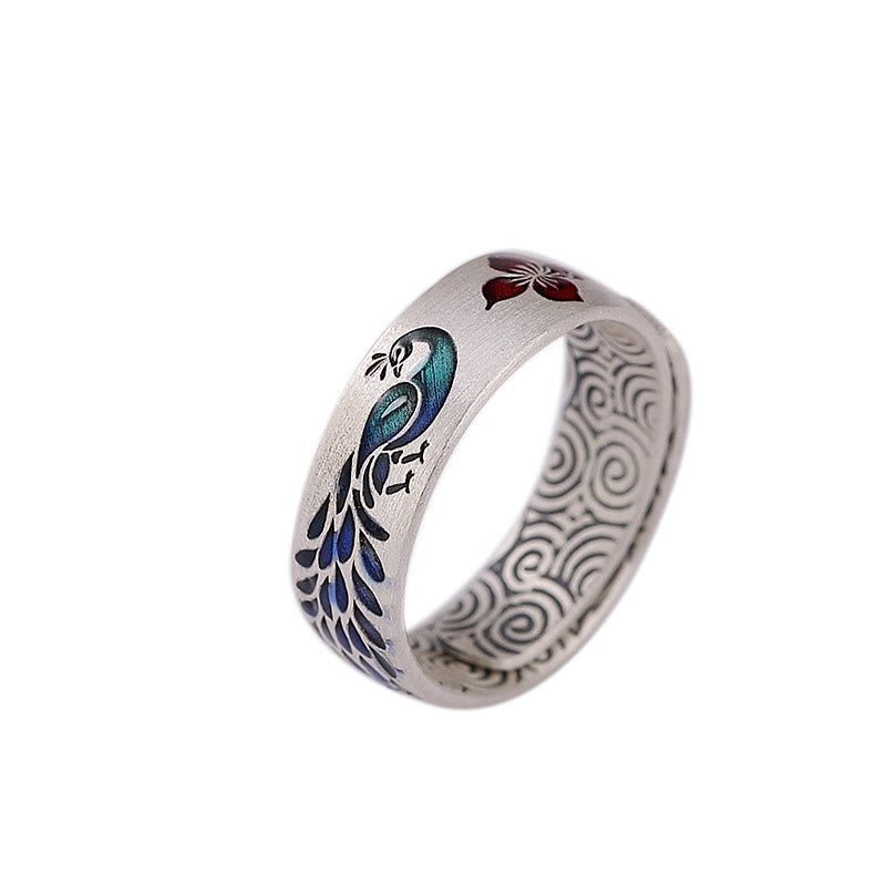 Anillo de plata de ley 999 con Buddha Stones , diseño de pavo real, nubes propicias, flor de loto grabada