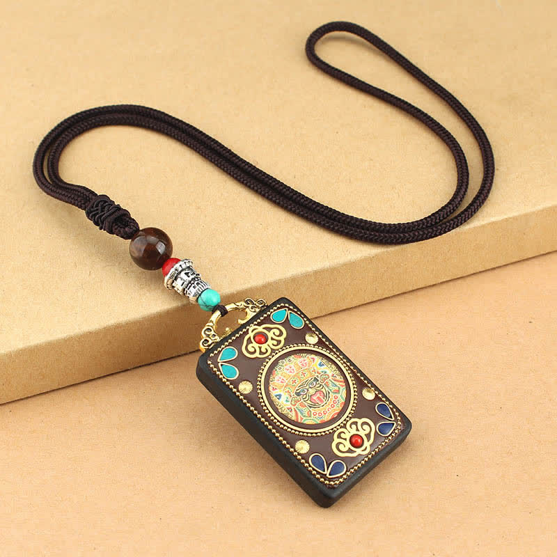 Colgante de collar de paz de ébano Thangka, dios de la riqueza del Tíbet, Buddha Stones