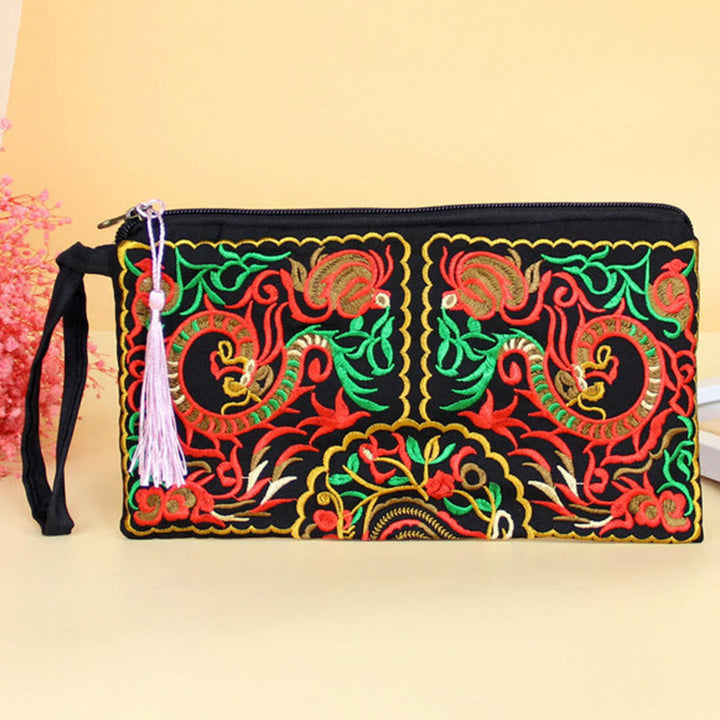 Cartera de compras con bordado de flores de Buddha Stones, dragón, mariposa, cosmos
