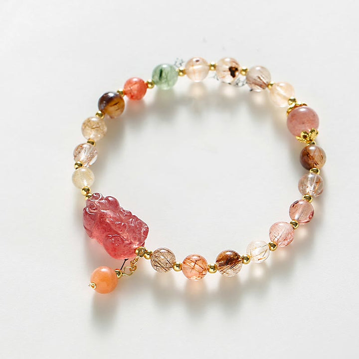Pulsera de riqueza PiXiu de cuarzo fresa de cuarzo rutilado natural con Buddha Stones