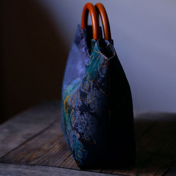 Bolso de mano con mango de madera maciza, Buddha Stones , flor de peonía, hojas de bambú, pájaro