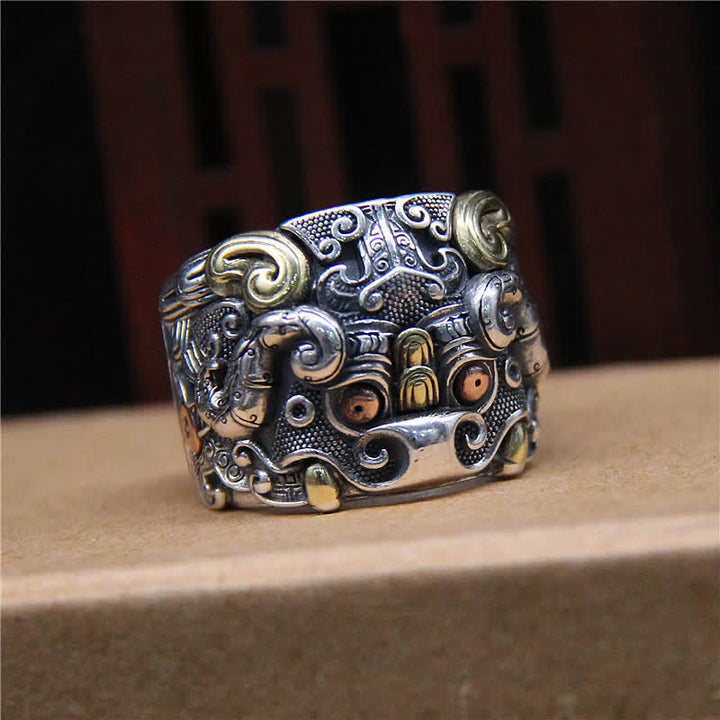 Anillo ajustable de protección de ganado Fengshui Kui de plata de ley 925