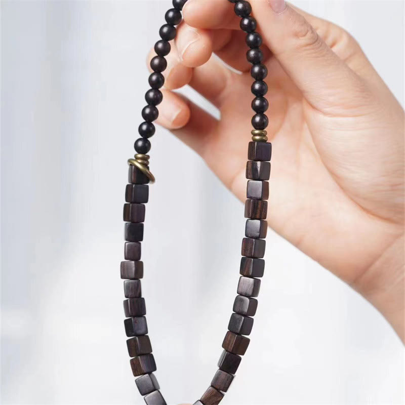 Pulsera de doble vuelta con cuentas cuadradas de madera de ébano del Tíbet y Buddha Stones