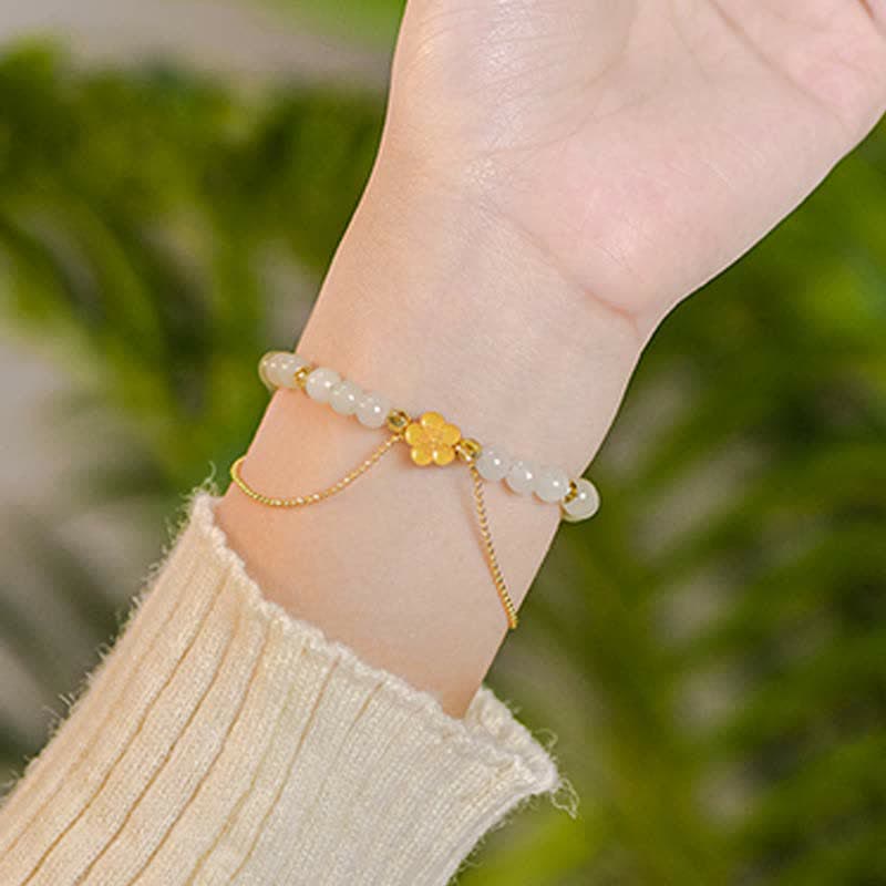 Pulsera de cadena de la suerte de flor de melocotón de jade hetiano natural de plata de ley 925 con Buddha Stones