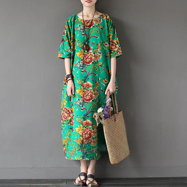 Vestido midi con estampado de flores de peonía roja y Buddha Stones Vestido de lino y algodón de media manga