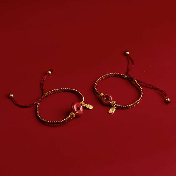 Pulsera trenzada de bendición con dije de personaje Fu con hebilla de paz y cinabrio natural con Buddha Stones