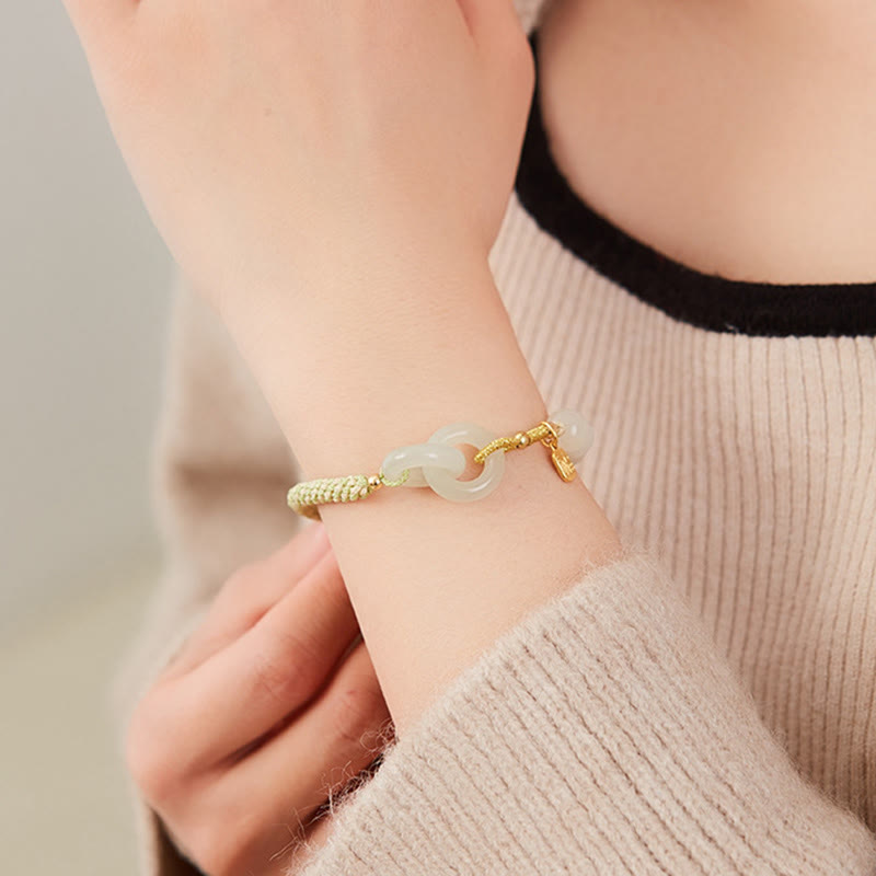 Pulsera trenzada con doble hebilla de paz y cuentas de jade hetiano natural, Buddha Stones, carácter Fu, abundancia