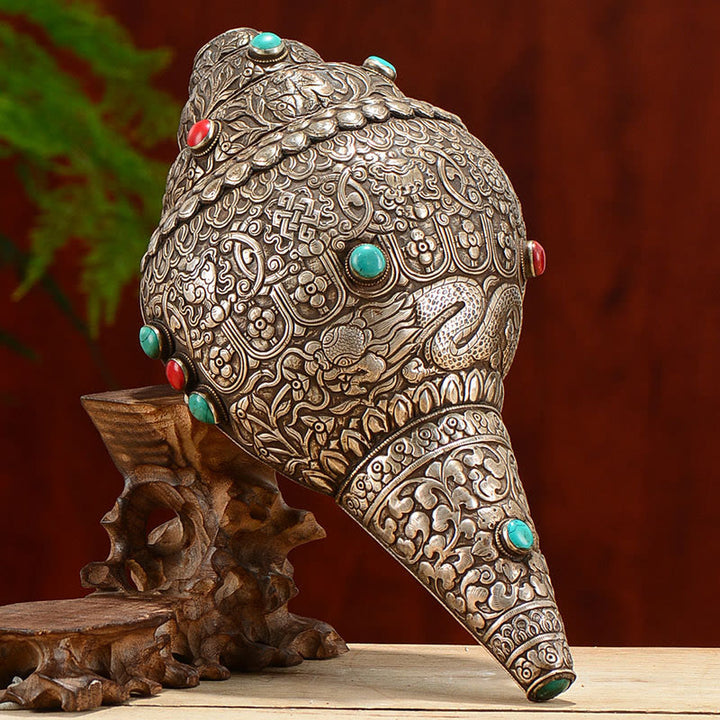 Shankha Natural hecho a mano tibetano grabado ocho símbolos auspiciosos Concha decoración del hogar de la suerte
