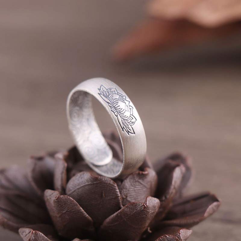 Anillo de bendición de seis palabras verdaderas con elefante de loto de plata de ley 999 con Buddha Stones