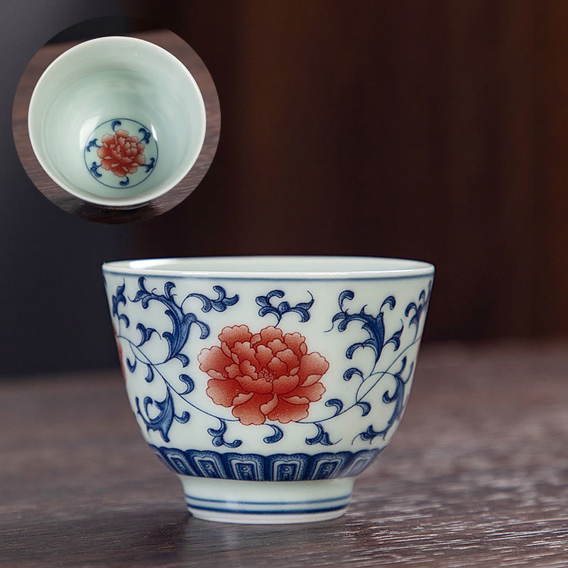 Taza de té de cerámica pequeña con Buddha Stones, paisaje azul, montañas, loto, lindos pabellones de gatos, Magnolia Reed Egrets, taza de té de Kung Fu