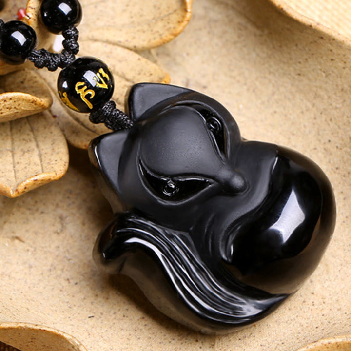 Collar con colgante de amuleto de obsidiana negra natural con Buddha Stones , ojo de tigre, hielo, obsidiana y zorro