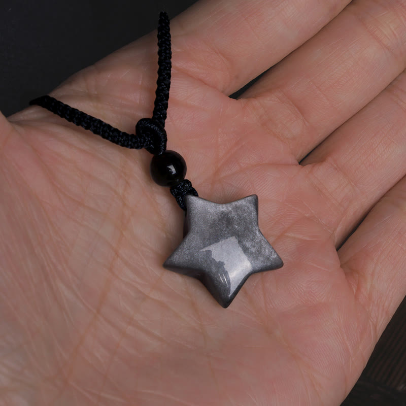 Colgante de collar de protección de luna creciente con estrella de obsidiana brillante de plata natural con Buddha Stones