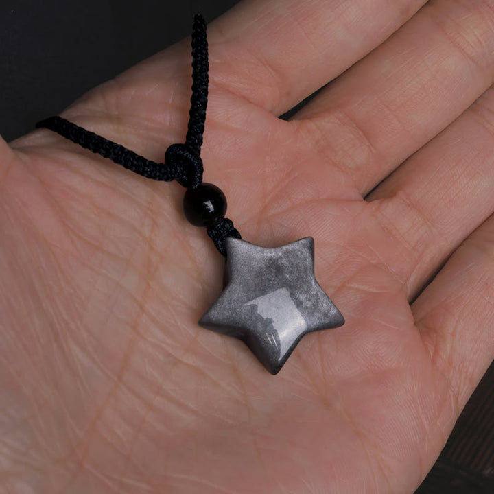 Colgante de collar de protección de luna creciente con estrella de obsidiana brillante de plata natural con Buddha Stones